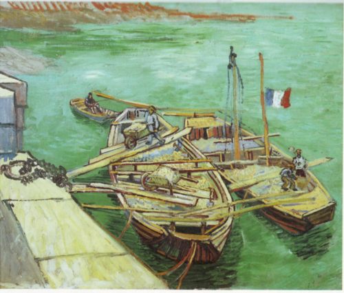 Quay with Men Unloading Sand Barges-Vincent van Gogh-1888